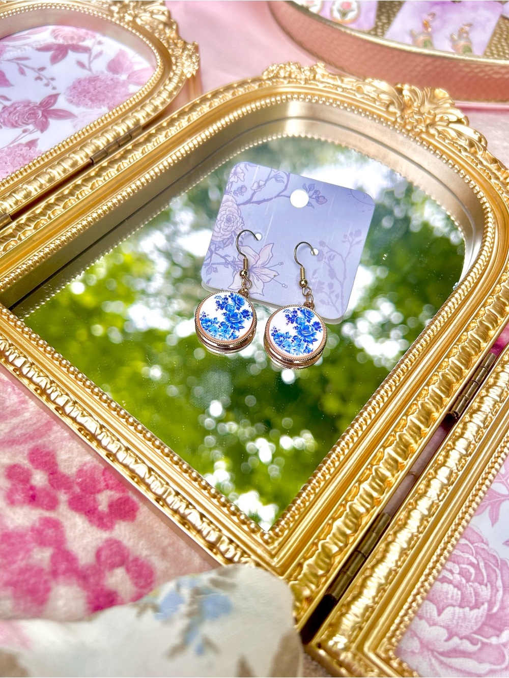 Gold Drop Earrings with Blue Floral Enamel